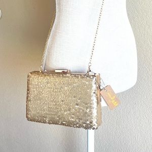 NWT 3AM FOREVER Gold Sequined Clutch Purse Cross-body Bag Metal Chain